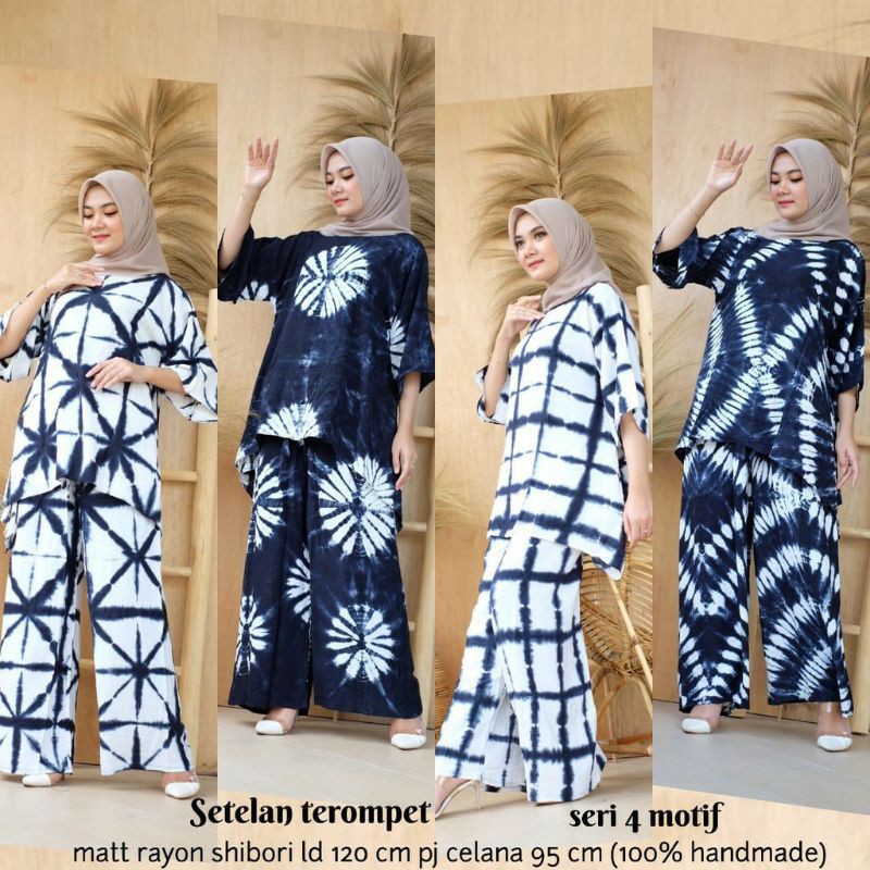 14 MOTIF Setelan Blus Terompet Shibori Baju Casual Wanita Rayon Santai Santai Kekinian Handmade