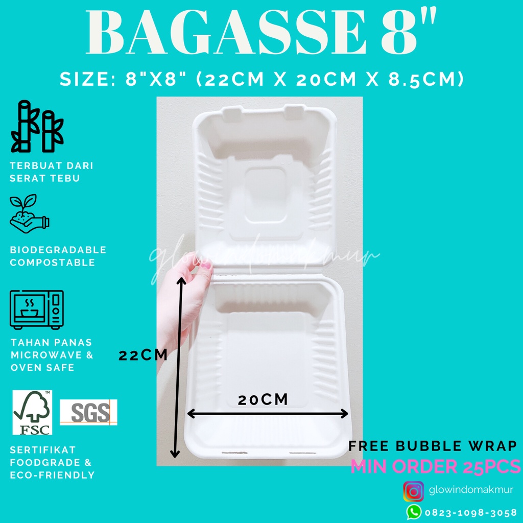 Bagasse Kotak 8 INCH 8&quot; Lunchbox Takeaway Sugarcane Serat Tebu ECO FRIENDLY Bento Set