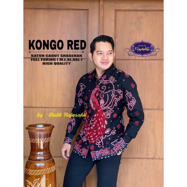 KEMEJA BATIK SOLO MERAK AYAM KONGO DEWANGGA MERAH HITAM SOGAN PUTIH BATIK PRIA SIZE M L XL XXL