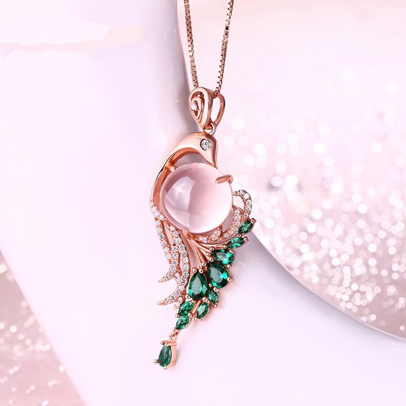 [Ready Stock]Fashion Inlaid Ross Quartz Necklace Pink Crystal Peacock Pendant