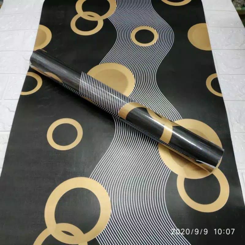 WALLPAPER DINDING MOTIF POLKADOT GOLD DSR HITAM 10m x 45cm