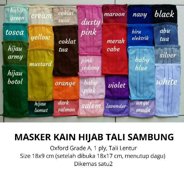 Masker Kain Hijab Tali Sambung Warna Polos Oxford Grade A 1 Ply Adem Tebal Grosir Murah