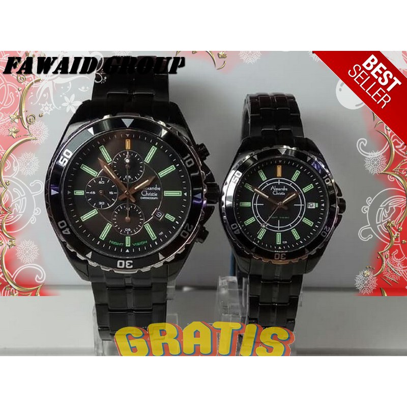 BEST SELLER JAM TANGAN WANITA ALEXANDRE CHRISTIE AC 9214 COUPLE SPORTY NIGHT VISION FULL BLACK ORI