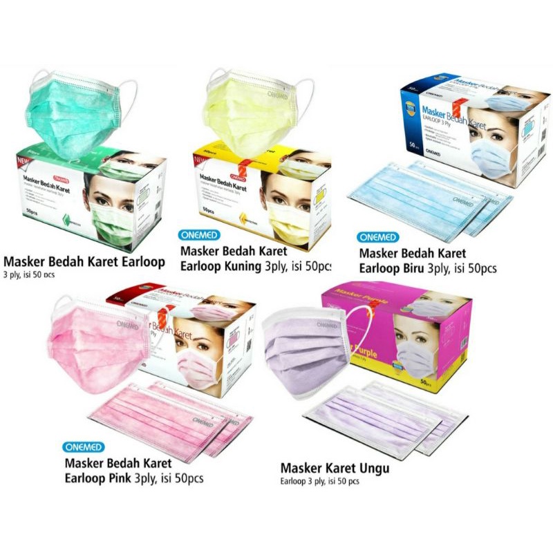 Masker Karet Medis Onemed 3ply , Masker Karet Medis Hijau Onemed , Masker Karet Medis Pink Onemed , 