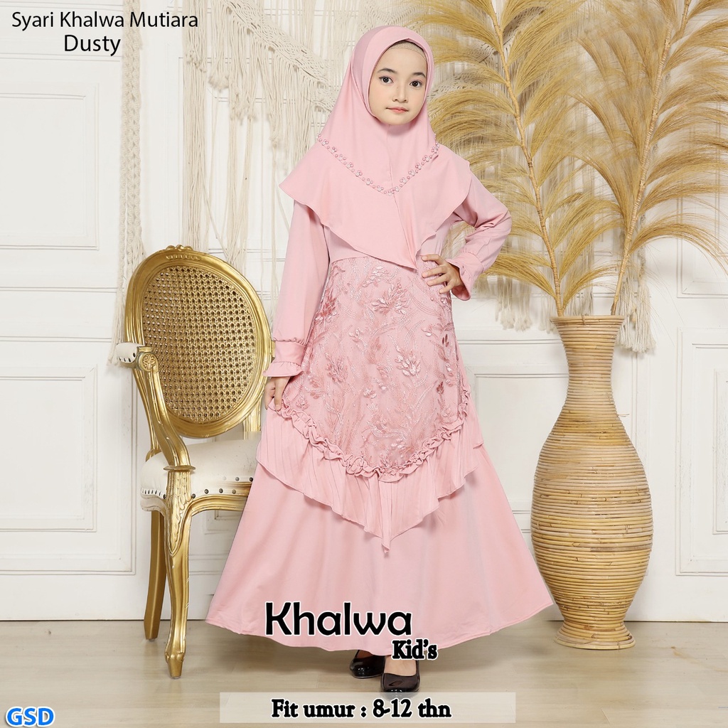 Syari Khalwa kids/Gamis Syari Anak Fit 9-12 Tahun /Gaun Muslim Murah Best Seller/ Baju Ngaji Cewek Impor Motif Brukat/ Good Quality