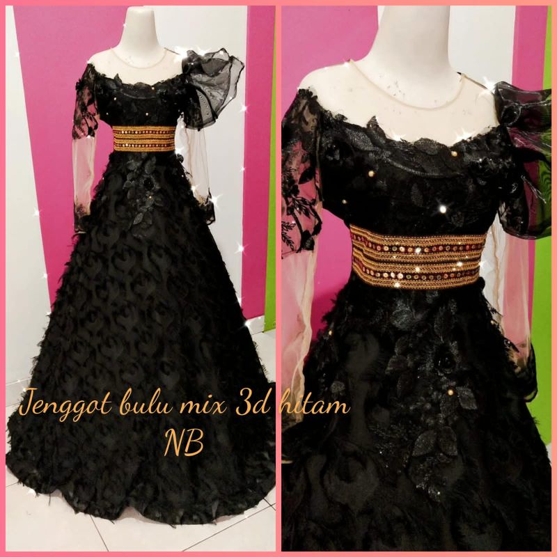 baju singer/baju penyanyi/gaun singer/baju pesta/bulu jenggot hitam lengan kriwul kaca