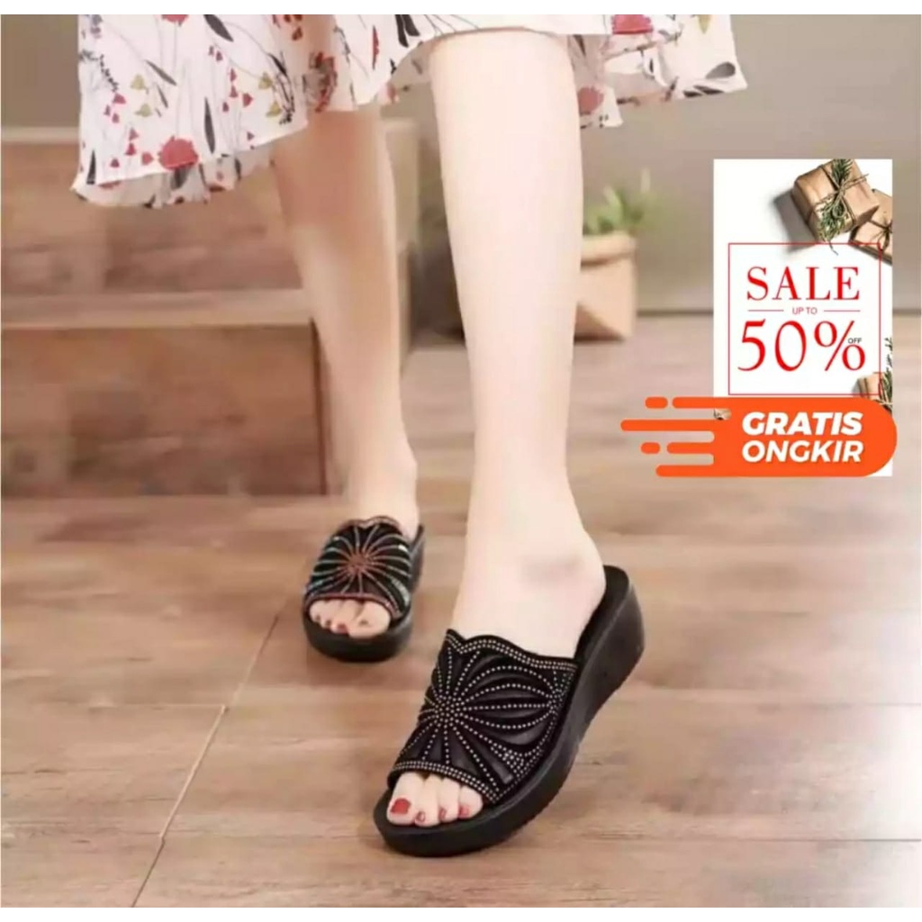 Wedges Calbi Sandal Wanita Motif Bunga Sandal Calbi Wanita Sandal Selop Sandal Calbi Ori Lokal Sandal Terbaru