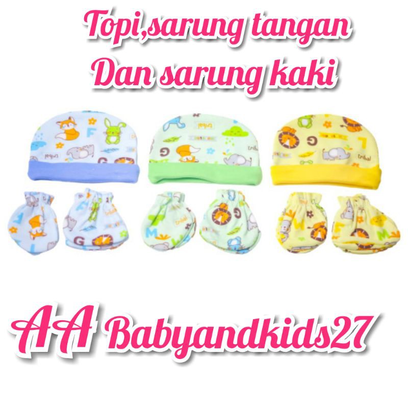 TOPI BAYI PLUS SARUNG TANGAN DAN KAKI VINATA-TOPI SET BAYI VINATA FULL PRINT-TOPI BAYI SET VINATA