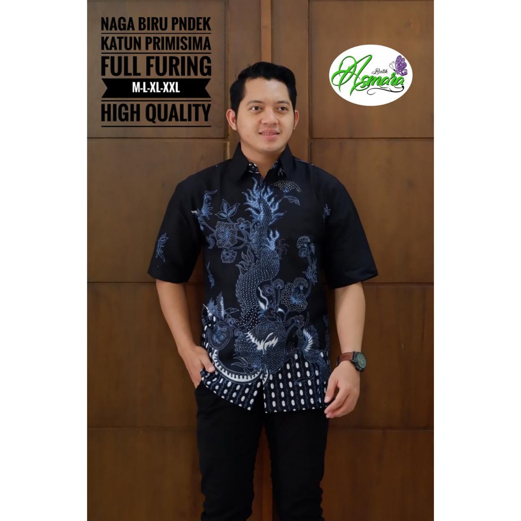 NAGA BIRU Kemeja Batik Pria Lengan Pendek Katun Halus FULL FURING Batik Asmara