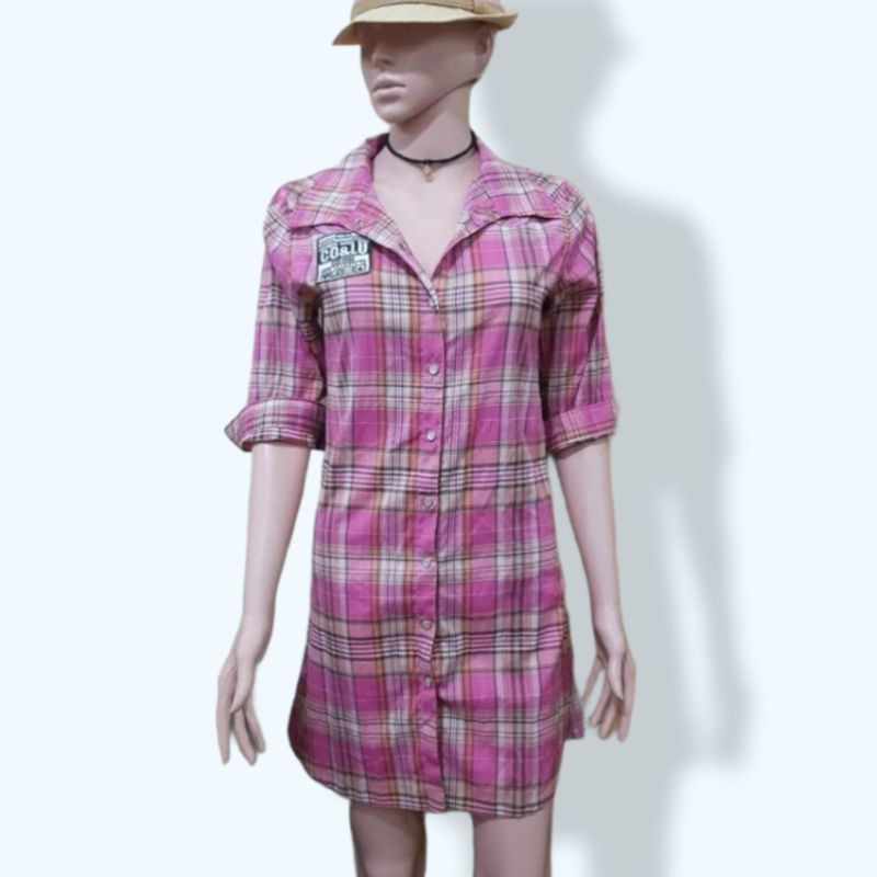 mini dress kemeja kotak kotak pink