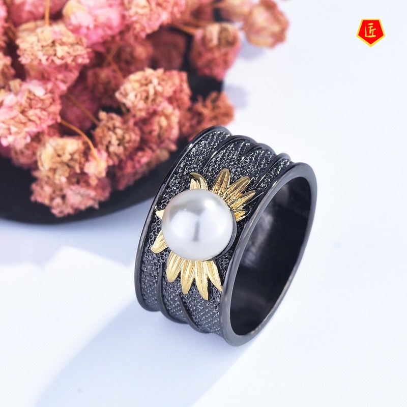 [Ready Stock]Gothic Style Sunflower Pearl Black Gold Ring