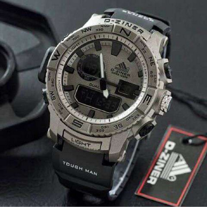 JAM TANGAN PRIA DZINER RUBBER ANTI AIR BLACK SILVER HURUF BLACK