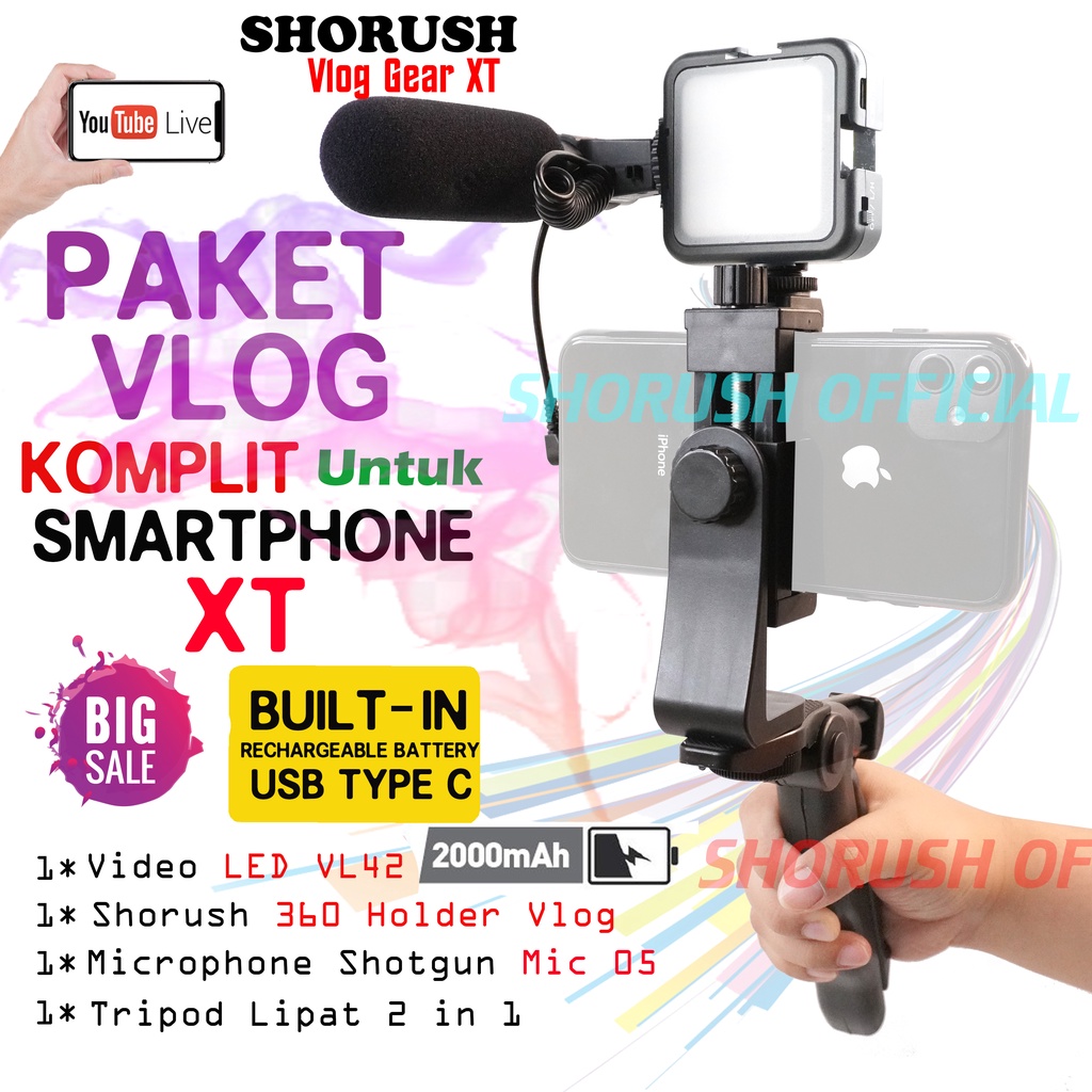 Paket Vlog Shorush Komplit XT Vlogger Vlogging dan Microphone Mic Smartphone HP VL42 Led Video Light