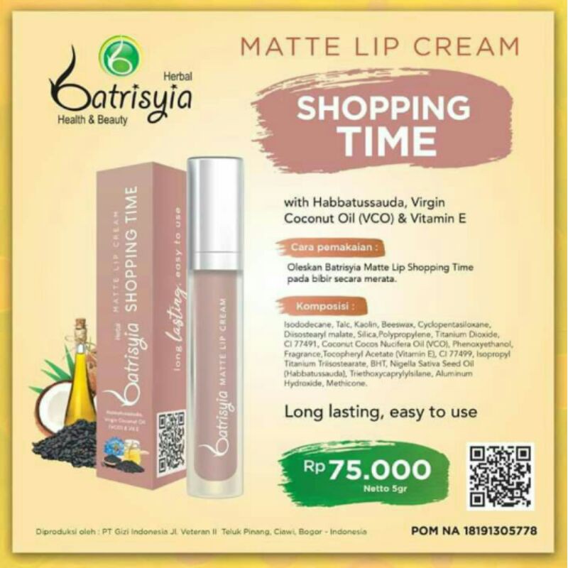 Lip cream batrisyia ,lipstik longlasting lipstick waterproof,tidak berbekas,halal,herbal,aman,BPOM