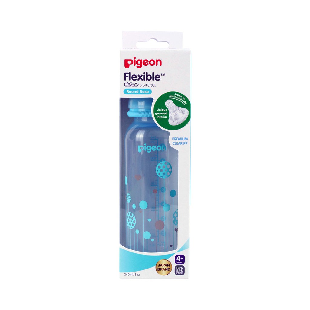 Pigeon Botol Susu Flexible Peristaltic Premium Crystal Clear PP Bottle 4+Bulan Motif Blue Biru 240ml