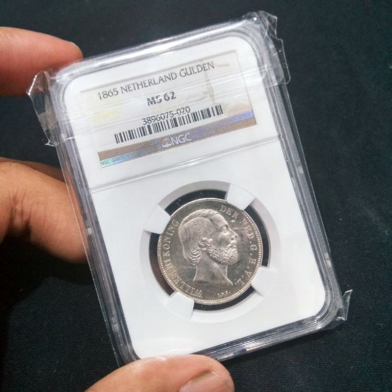 Uang Koin Kuno Perak 1 Gulden 1G 1865 Willem 3 NGC MS 62