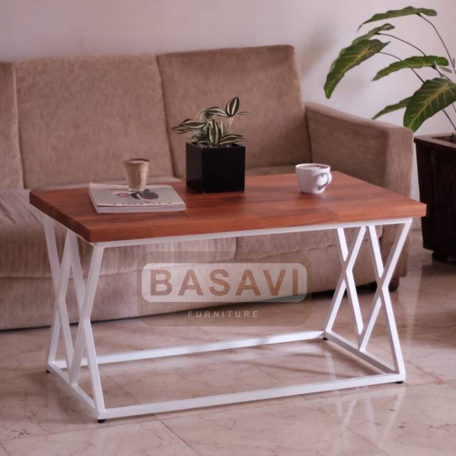 Meja Tamu Kayu Jati Asli Solid Minimalis Coffee Table Besi Industrial