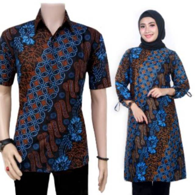 BEST SELLER COUPLE BATIk HEM DAN TUNIQ MOTIF SENO BIRU