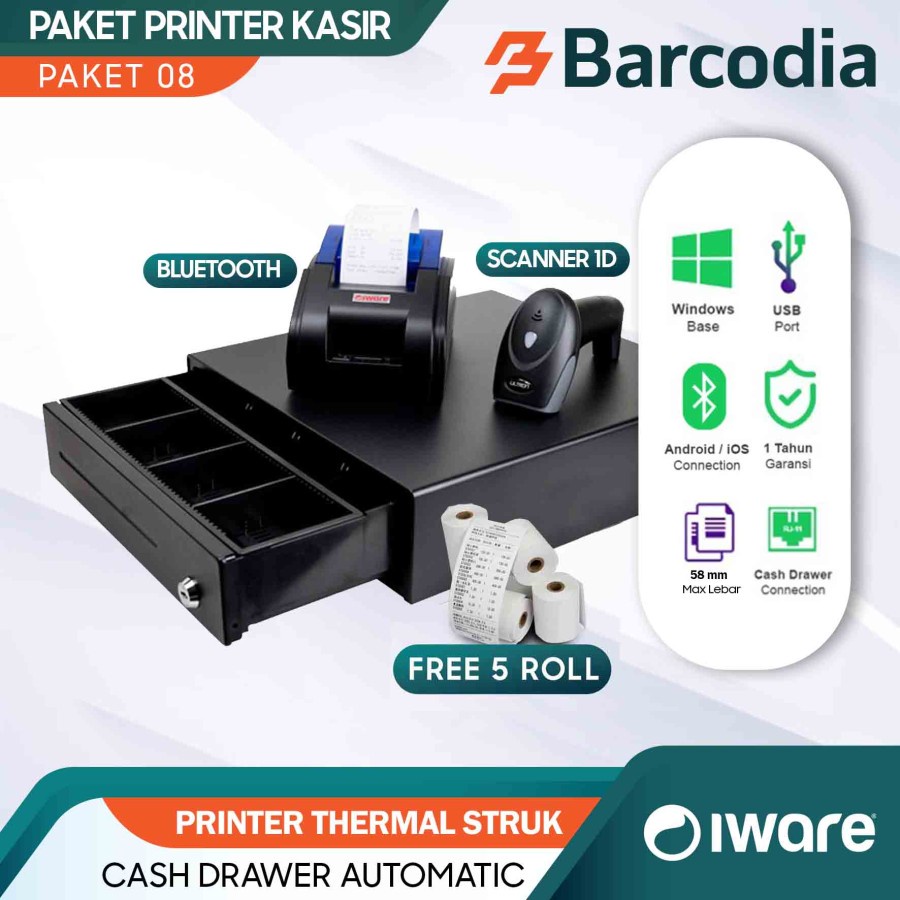 PAKET KASIR ANDROID BLUETOOTH (CASH DRAWER+PRINTER+SCANNER+KERTAS)