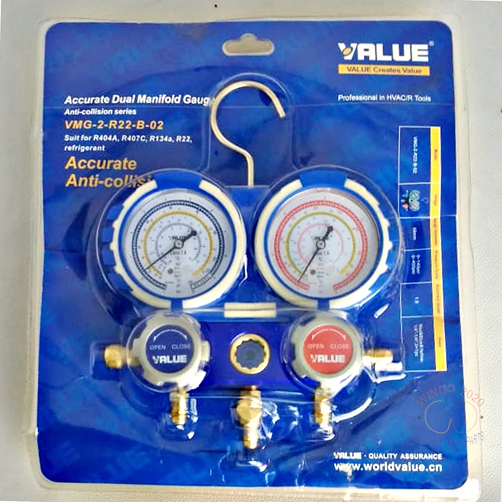 MANIFOLD DOUBLE R22 SET | MANIFOLD ANALYSER R22 VALUE | MANIFOLD VALUE ACCURATE DUAL MANIFOLD GAUGE UNTUK FREON R404A, R407C, R134A, R22 &amp; REFRIGERANT. ANTI-COLLISION SERIES