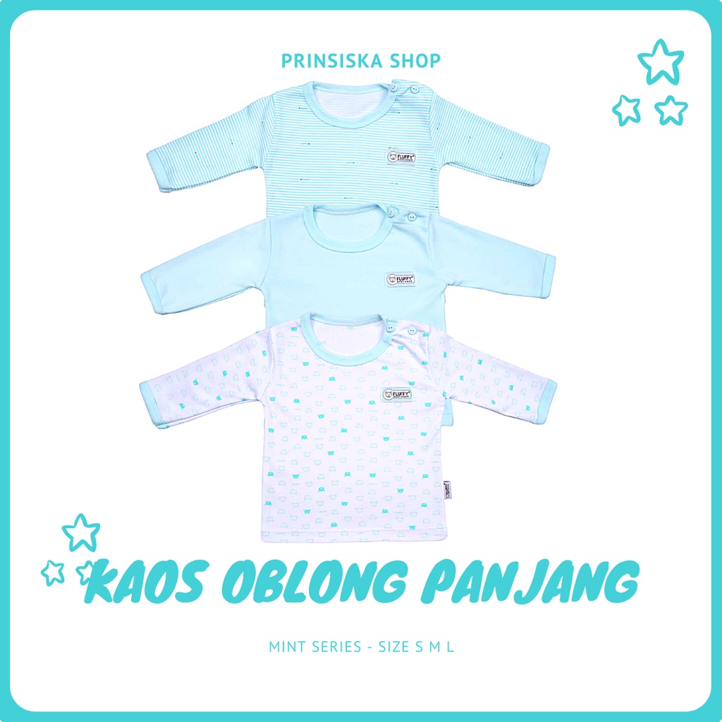 Fluffy - Baju bayi baby Kaos Oblong Panjang Polos Garis Bear MINT HIJAU-Polos
