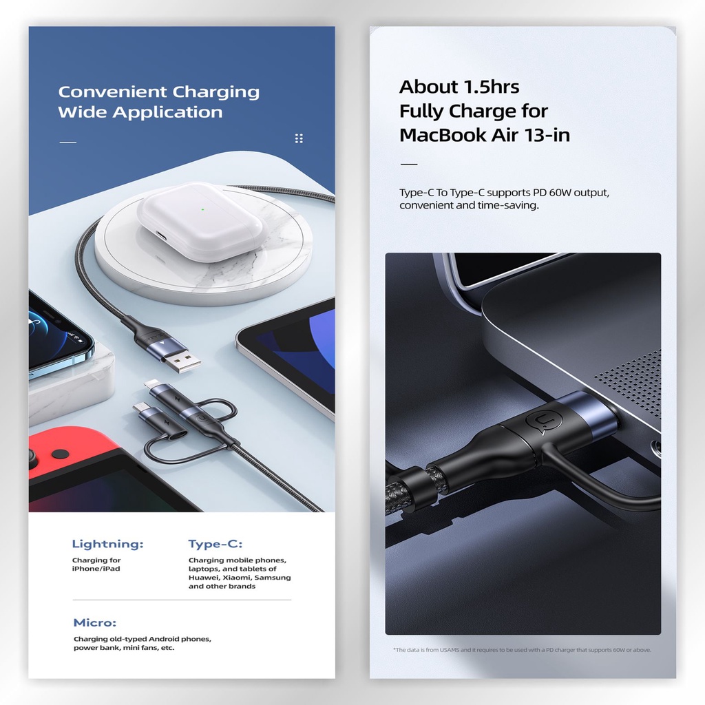 USAMS U62 Kabel Data PD Fast Charging USB + Type-C to Triple Head 1.2m