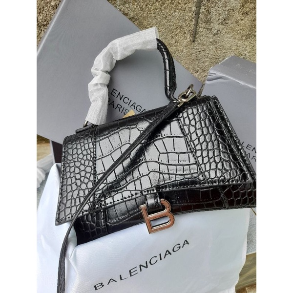 BALENCIAGA HOURGLASS CROCO BLACK