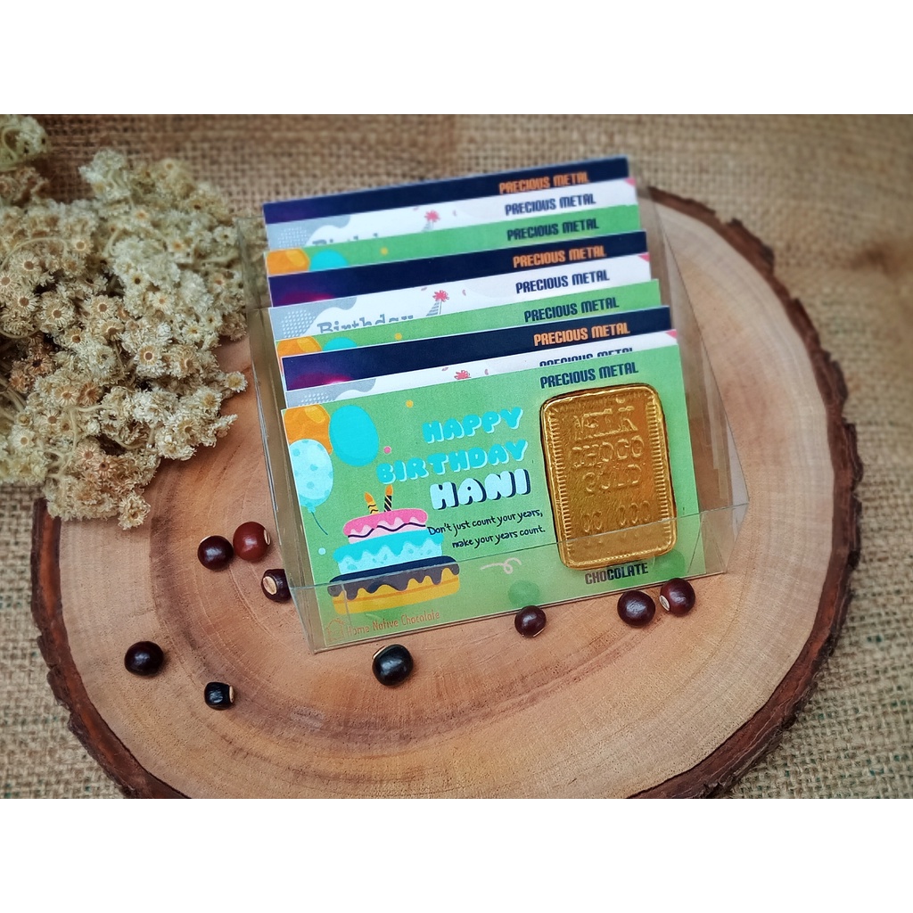 

Precious Metal Chocolate Custom isi 9pcs / free desain / Cokelat Kartu Ucapan Logam Mulia