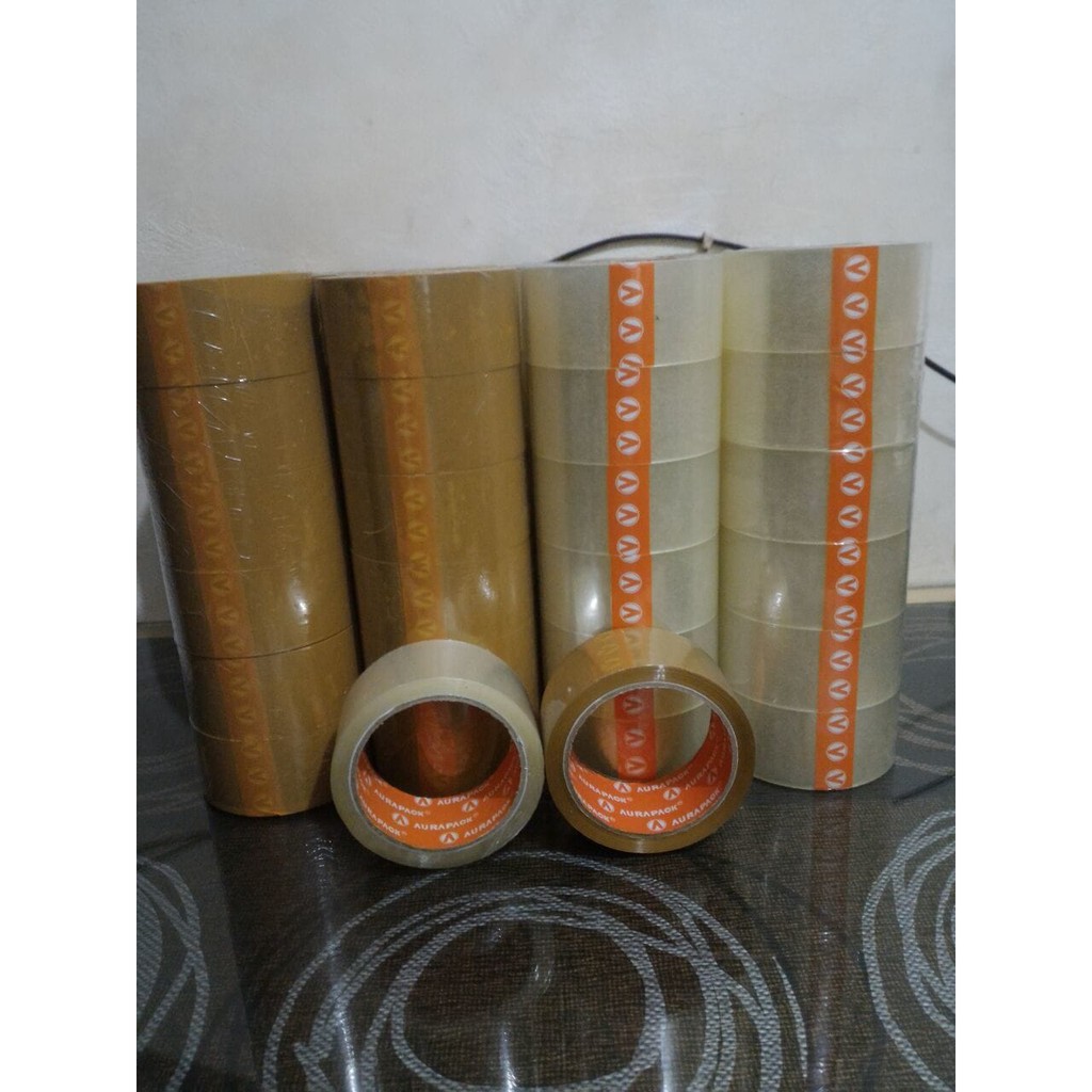 

Terlaris LAKBAN AURAPACK 50 METER BENING COKLAT ISI 72 ROLL