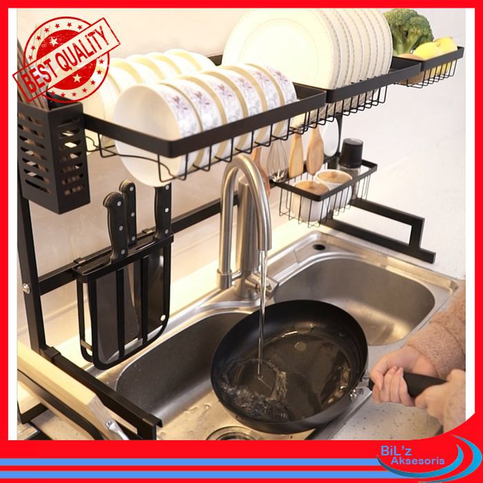 85CM Rak Piring Wastafel 2 Susun anti karat Rak Dapur Serbaguna