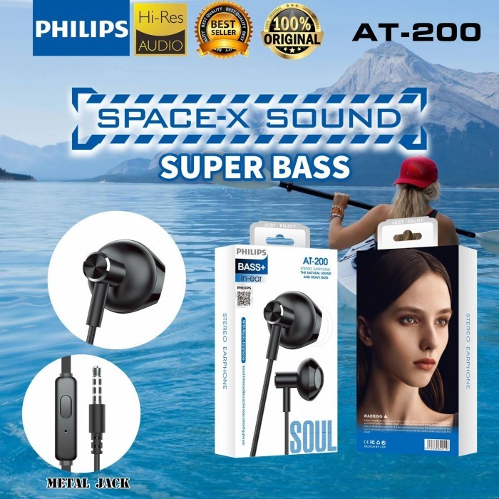 Handsfree Headset Earphone Philips AT-200 Plus Mic Stereo Suara Bagus Grosir