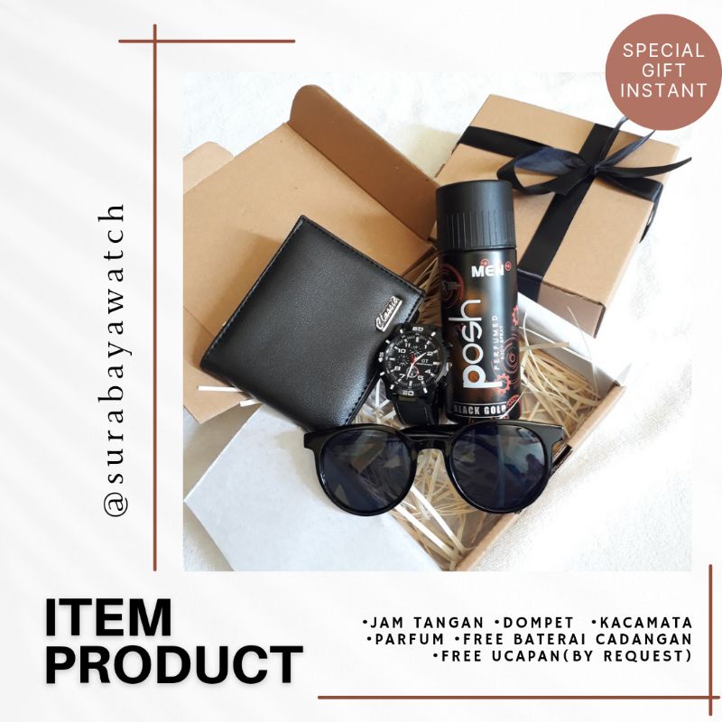 GIFTBOX HAMPERS JAM TANGAN COWOK ULANG TAHUN Kado Dompet Anniversary Kacamata Hitam Parfum Minyak Wangi Posh