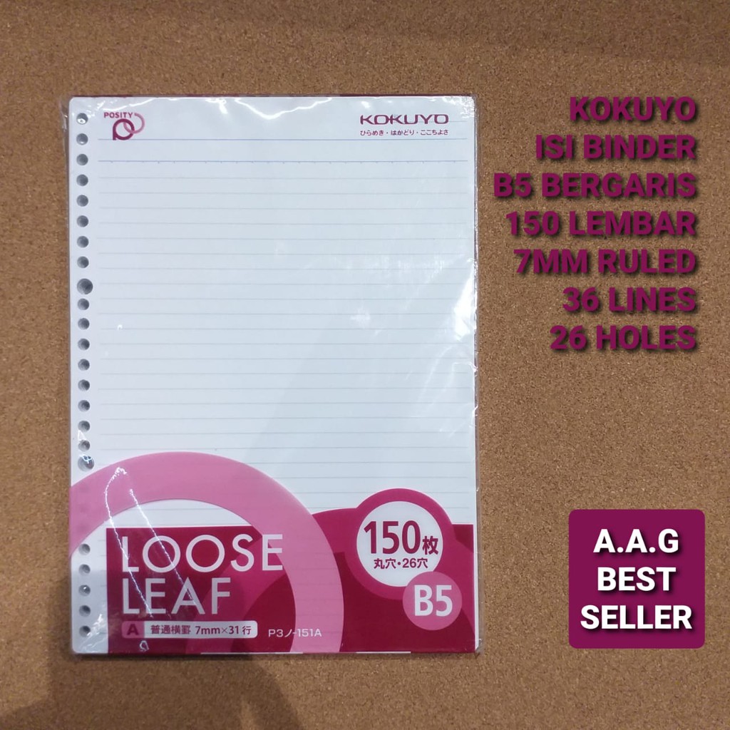

KOKUYO ISI BINDER B5 BERGARIS 150 LEMBAR 7MM RULED 36 LINES 26 HOLES