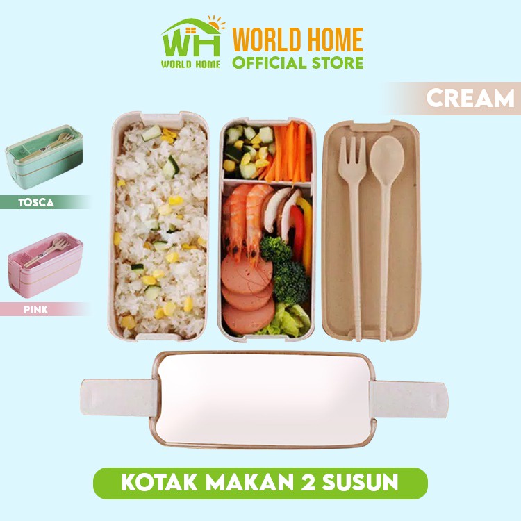 Lunch Box Kotak Makan 2 Susun Lunch Box Anti Tumpah tempat Bekal Makanan Anak Free Sendok &amp; Garpu