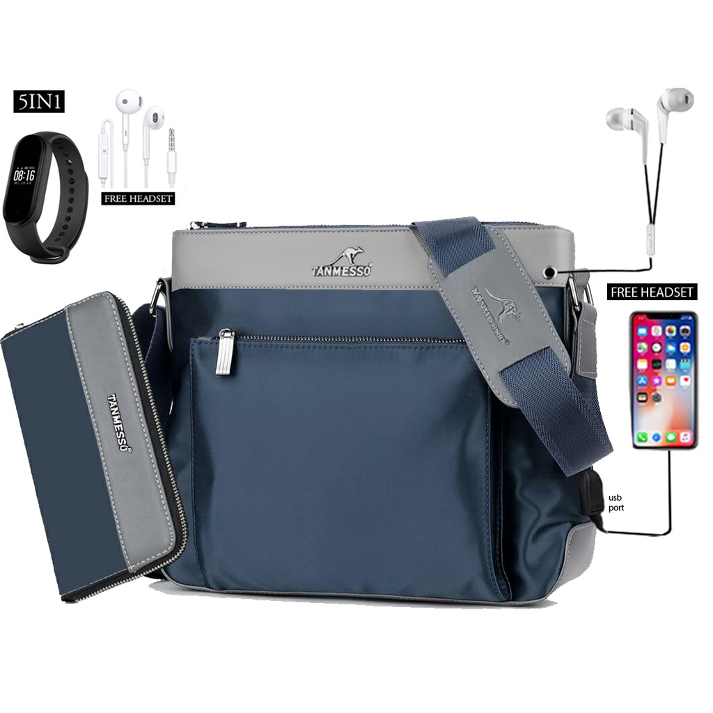 TANMESSO 5IN1 BAYAR DITEMPAT-BONUS JAM LED,DOMPET &amp; USBPORT&amp;HEADSET-tas selempang waterproof