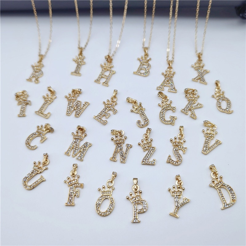 COD ✨1PCS Mahkota 26 Huruf Inggris Kalung Emas Liontin Berlian Korea Wanita Berlian Imitasi Fashion Import Ready Stock Murah