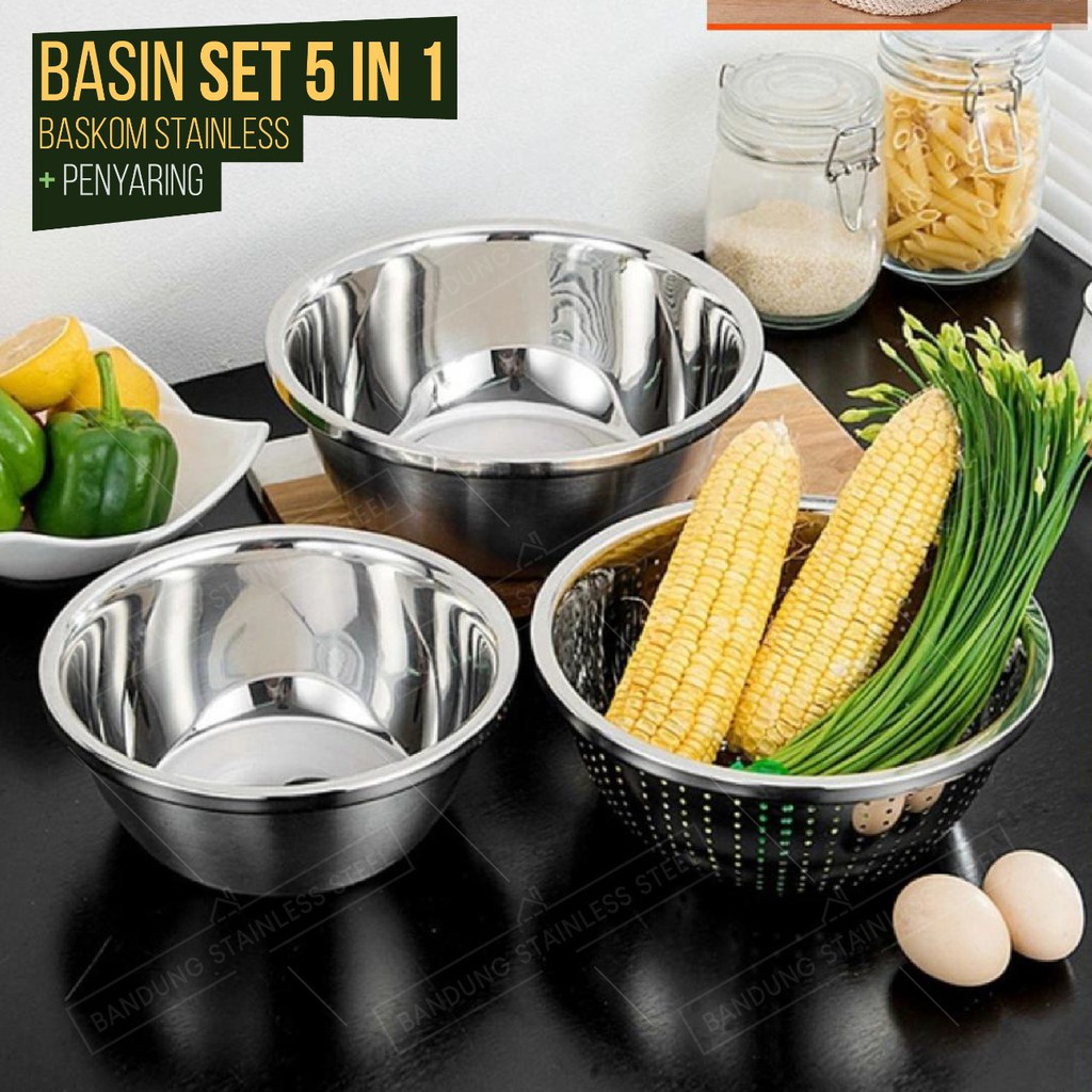 5pcs baskom set stainless tebal dapur lubang cuci beras sayur wadah makanan