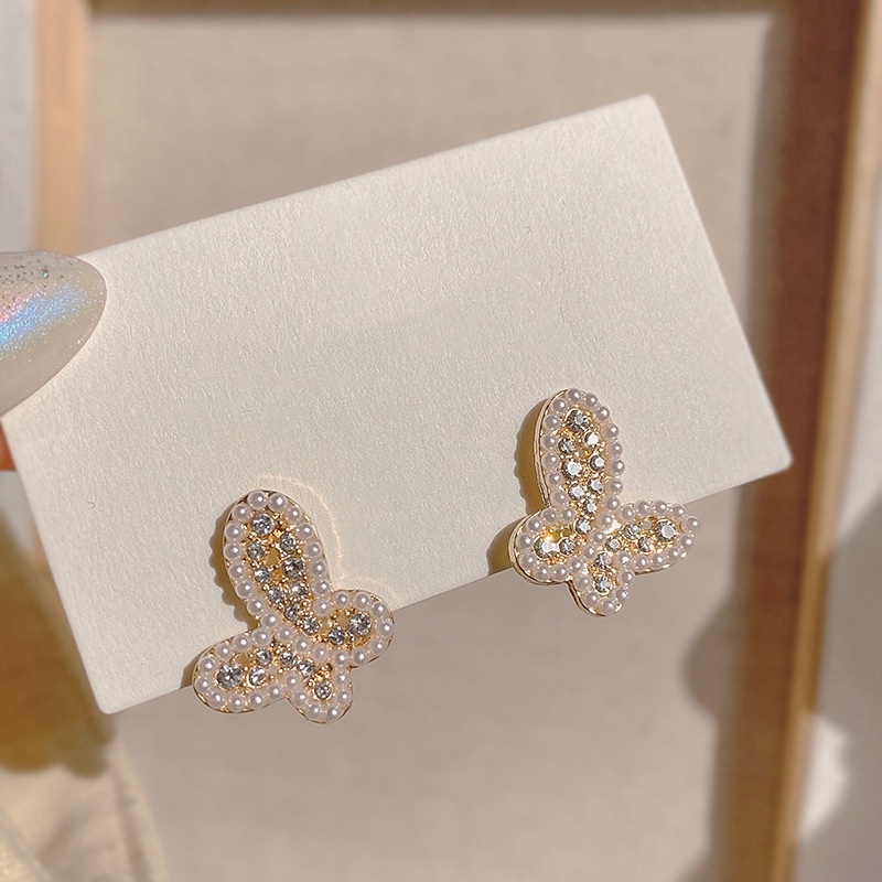 Butterfly Anting Tusuk Desain Kupu-Kupu Hollow Hias Mutiara + Berlian Untuk Wanita