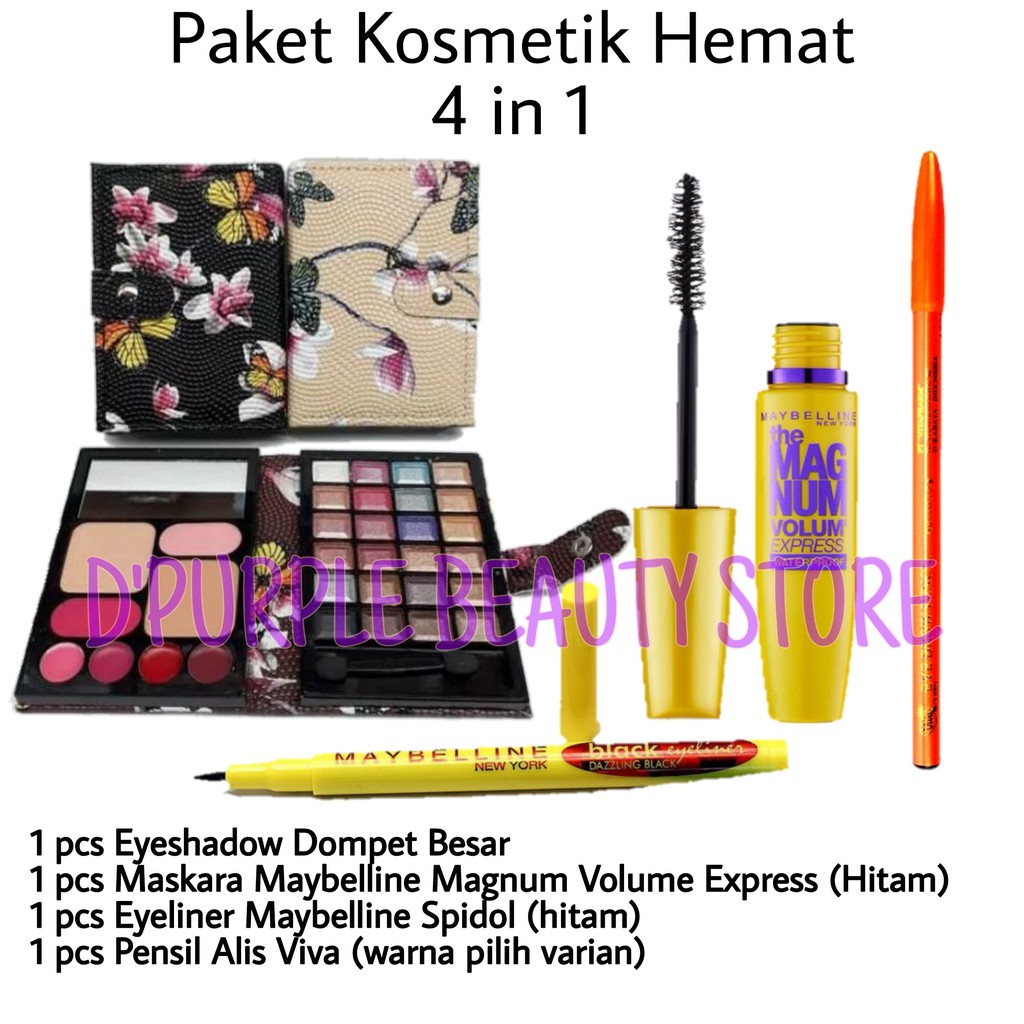 Paket Kosmetik Maybelline Hemat 4 In 1 -Eyeshadow Besar - Maskara -Pensil Alis -Eyeliner