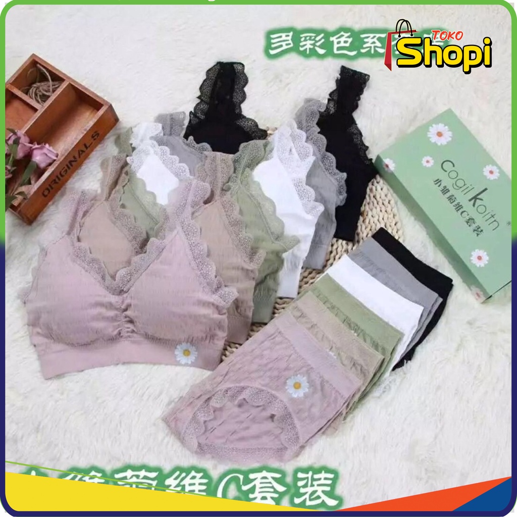 Bra Dan Celana Dalam Set Pakaian Dalam Wanita Renda Motif Bunga Daisy Fashion Korea 𝕋𝕊 497