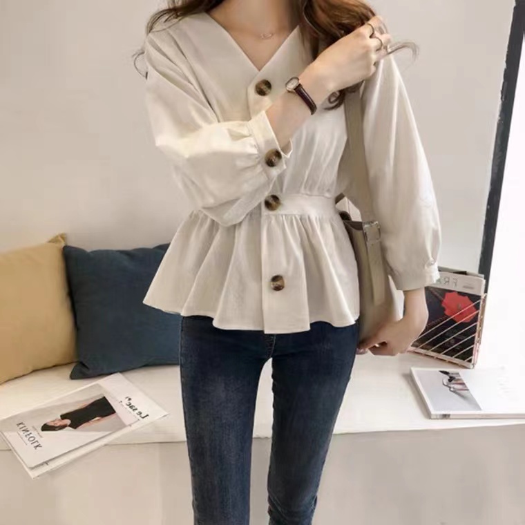 SALES! M-4XL Elegant Blus Wanita Button Kasual Lengan Panjang Korset Slim Fit Fashion Pakaian