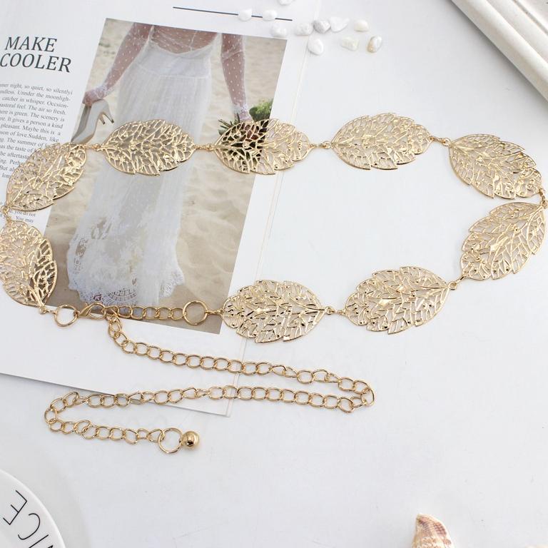 [DISCOUNT 57] Sabuk Belt Daun Gesper Rantai Wanita Ikat Pinggang Rante Fashion Korea Cewek Obi GOLD 