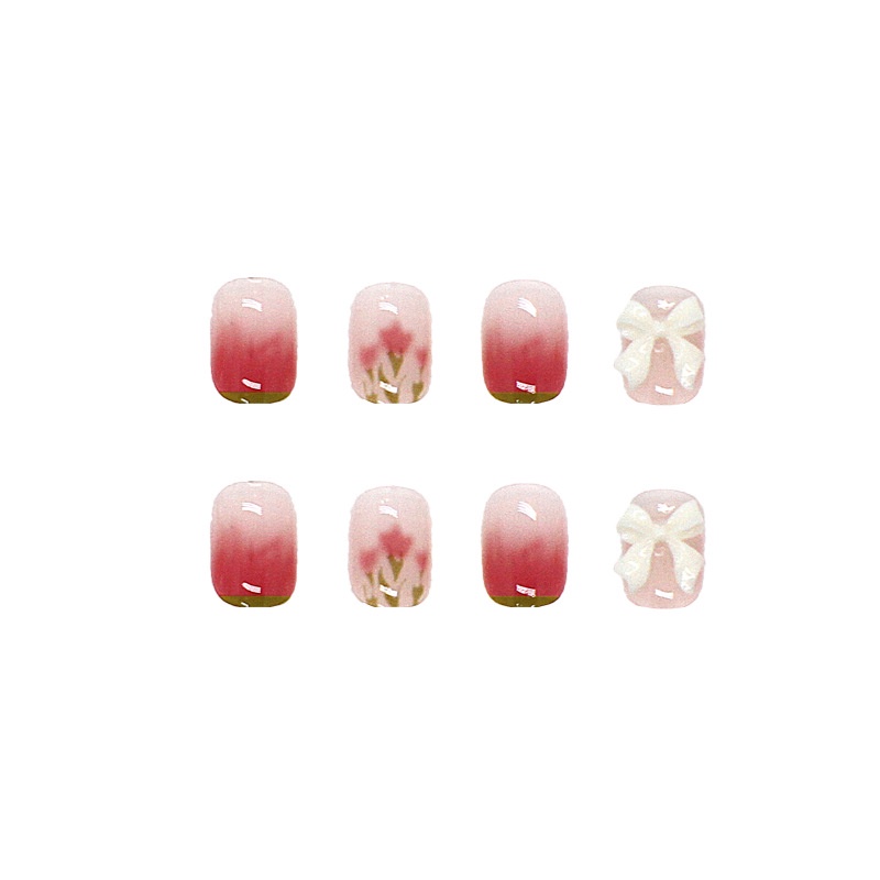 24pcs / box Kuku Palsu Desain Butterfly Knot Bunga Kecil Warna Merah Gradasi Untuk Dekorasi Nail Art