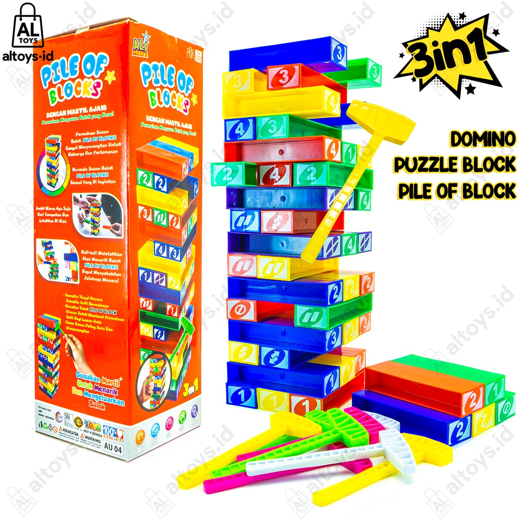 Mainan Susun Balok 3in1 Puzzle Block / Domino / Pile Block Dengan Martil Ajaib AU04