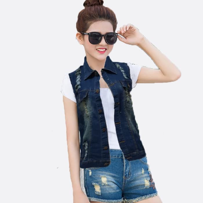 Jasline Rompi Jaket Jeans Washed Vest Denim Wanita - Biru, M
