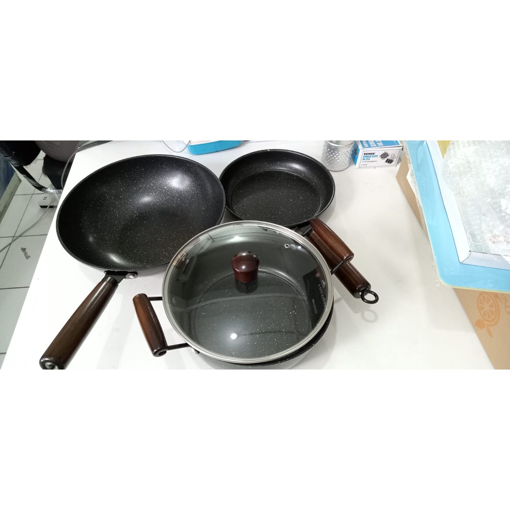 Panci Set Wajan Penggorengan Teflon Set isi 3 Pcs Panci Set Teflon Anti Lengket Serbaguna Free Pisau Set Cantik GOSHOP88