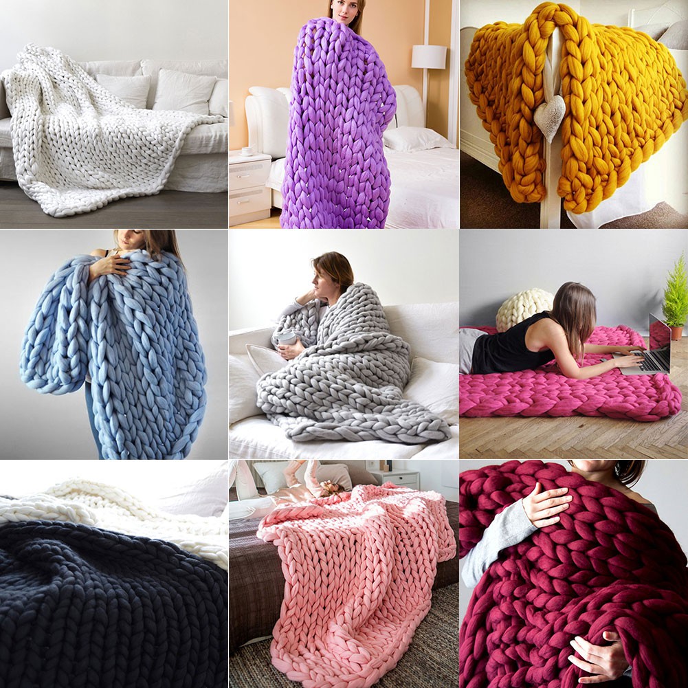 Hand Knitted Warm Chunky Knit Blanket Merino Soft Wool Yarn Bulky Sofa Throw Shopee Indonesia