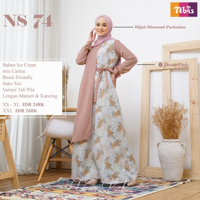 PROMO GAMIS Gamis Nibras NS 74 Edisi Terbaru 2021 Baju Gamis Wanita Nibras - Dusty Pink, L DRESS BRU