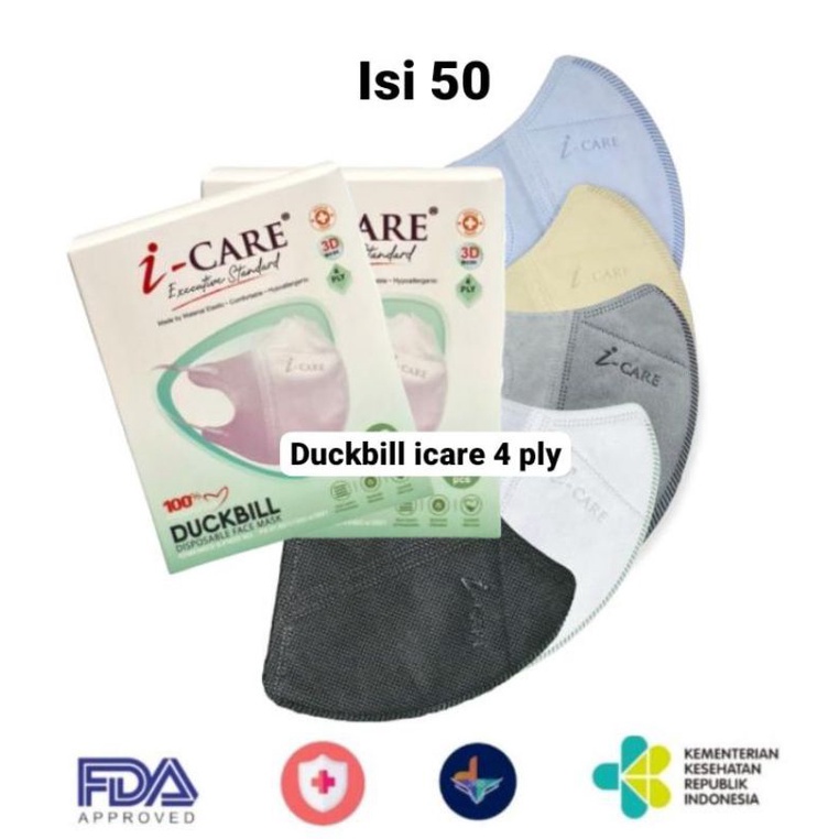 READY MASKER DUCKBILL ICARE I CARE 4 PLY HITAM PUTIH ABU BIRU SOFT MUDA KUNING PEACH MATCHA NAVY ADA EMBOS ICARE ISI 50 LBR PER BOX