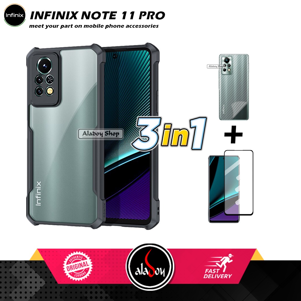 Case Infinix Note 11 Pro Armor Fushion Transparent Casing + Tempered Glass Full Layar dan Skin Carbon